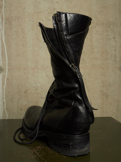 LEON EMANUEL BLANCK 'DIS-M-CB/01' Black GUIDI Horse Leather Distortion Spiral Zip Front Lace Tall Combat Traktor Boots