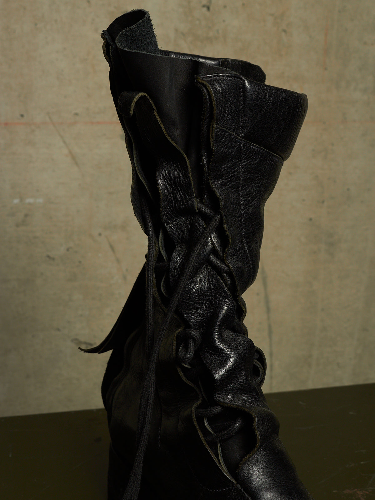 LEON EMANUEL BLANCK 'DIS-M-CB/01' Black GUIDI Horse Leather Distortion Spiral Zip Front Lace Tall Combat Traktor Boots