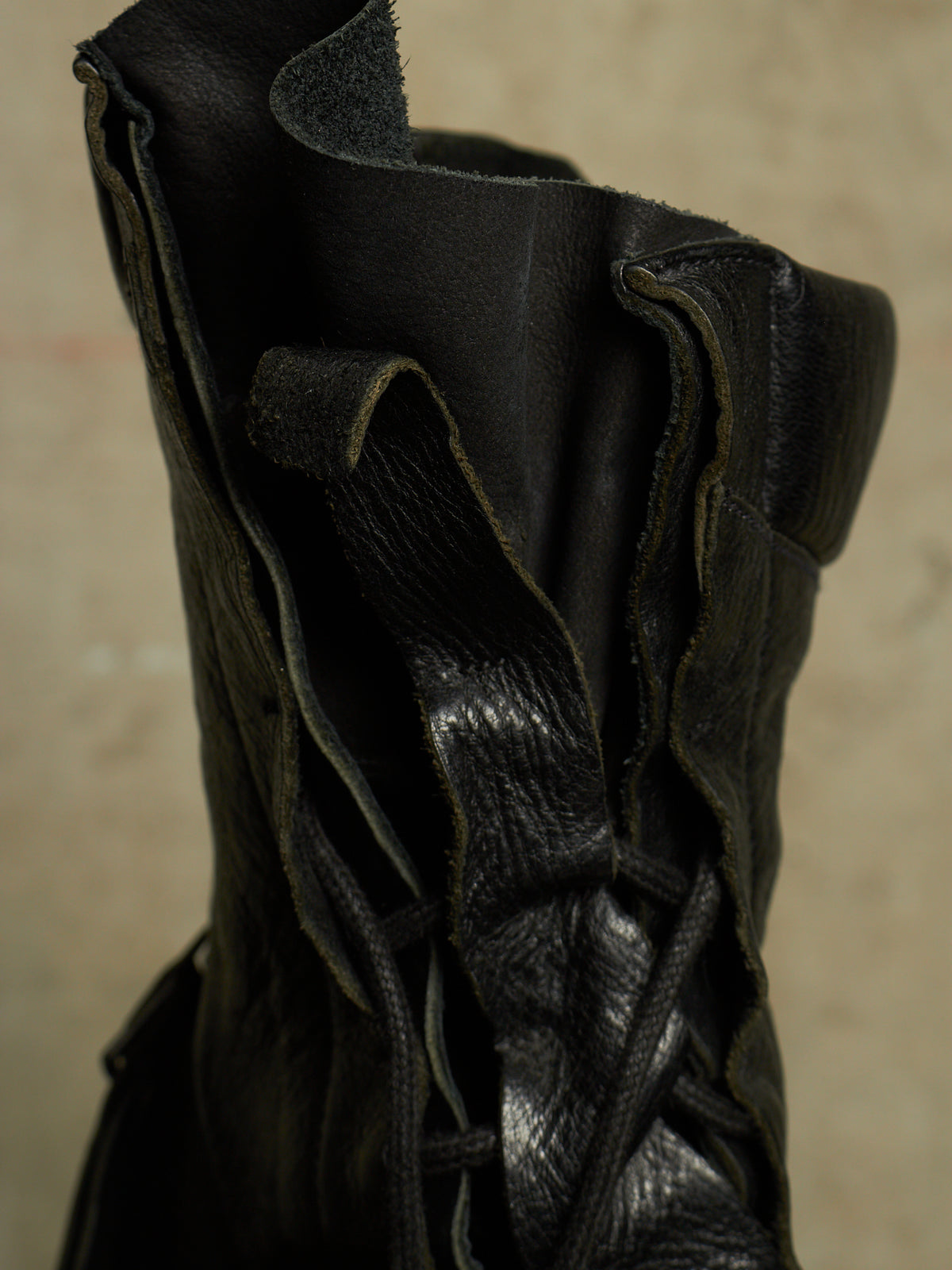 LEON EMANUEL BLANCK 'DIS-M-CB/01' Black GUIDI Horse Leather Distortion Spiral Zip Front Lace Tall Combat Traktor Boots