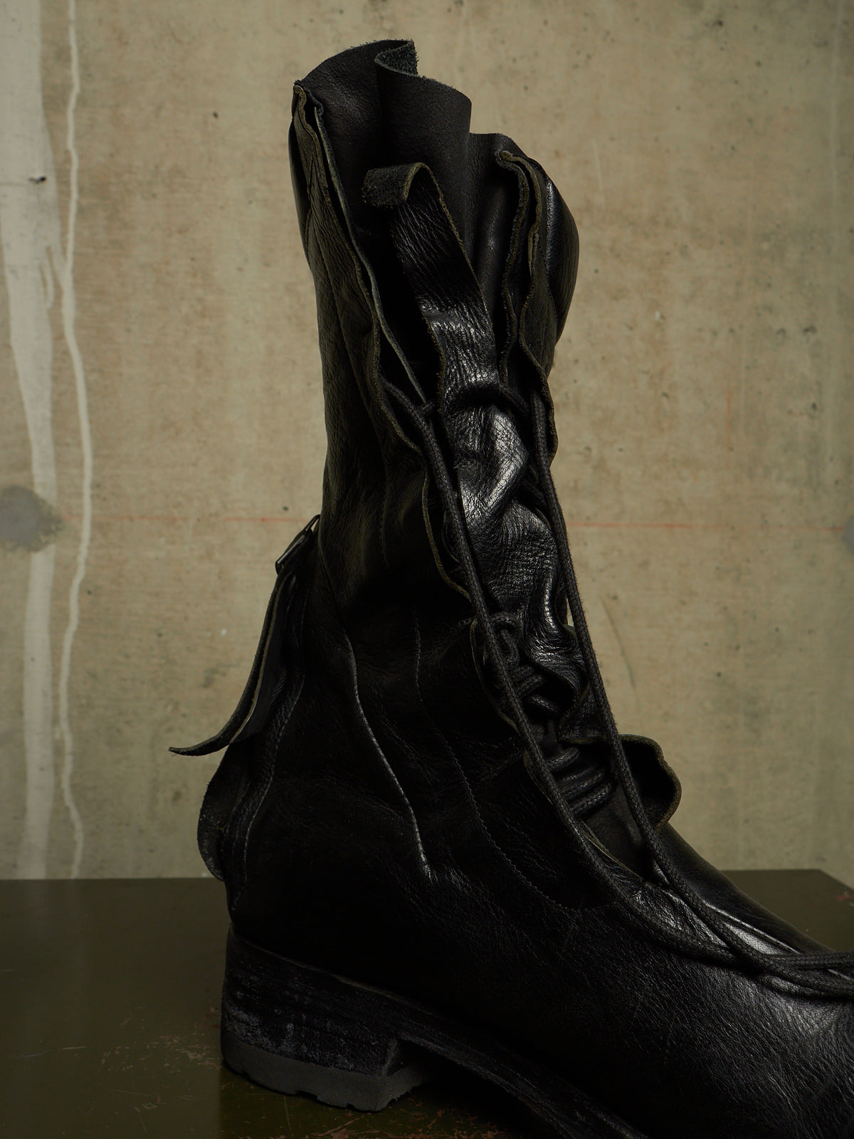 LEON EMANUEL BLANCK 'DIS-M-CB/01' Black GUIDI Horse Leather Distortion Spiral Zip Front Lace Tall Combat Traktor Boots