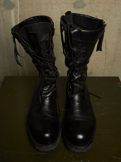 LEON EMANUEL BLANCK 'DIS-M-CB/01' Black GUIDI Horse Leather Distortion Spiral Zip Front Lace Tall Combat Traktor Boots