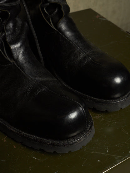 LEON EMANUEL BLANCK 'DIS-M-CB/01' Black GUIDI Horse Leather Distortion Spiral Zip Front Lace Tall Combat Traktor Boots