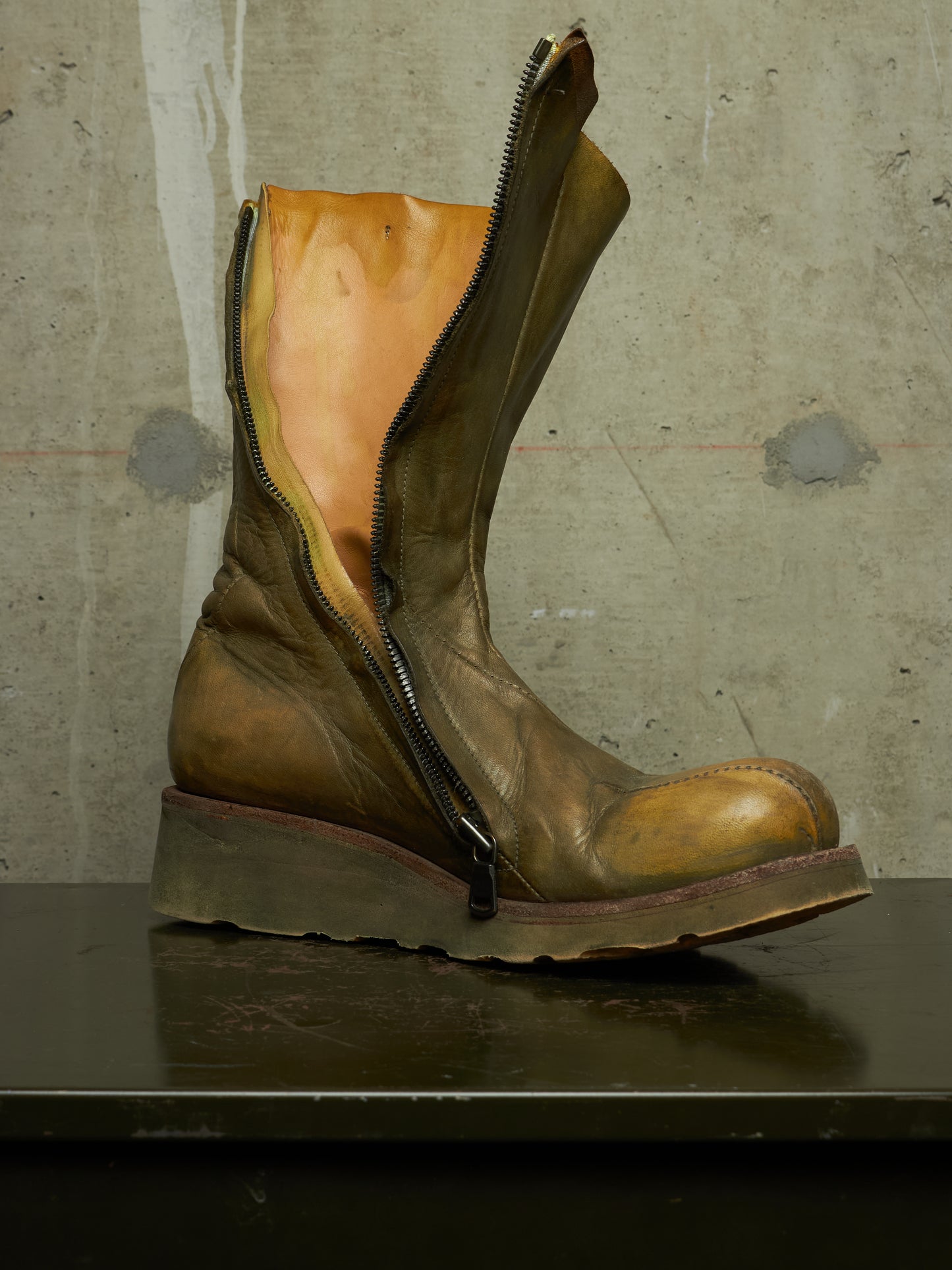 LEON EMANUEL BLANCK 'DIS-TWB/01' Special Dyed Distortion Tall Side Zip Horse Leather Wedge Boot