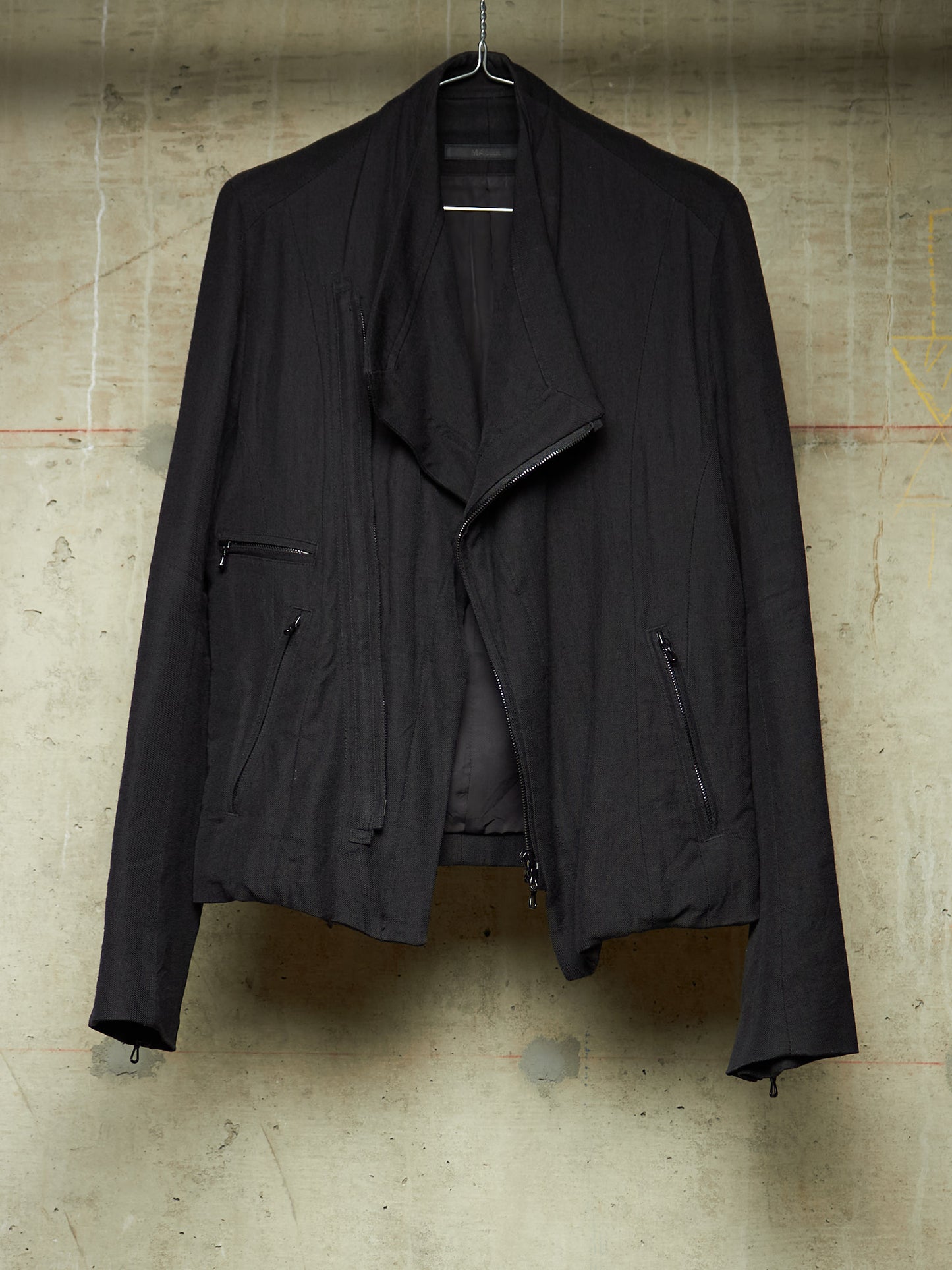 MA_Julius AW13-14 Black Wool Linen Twill Asymmetric Zip Rider Jacket