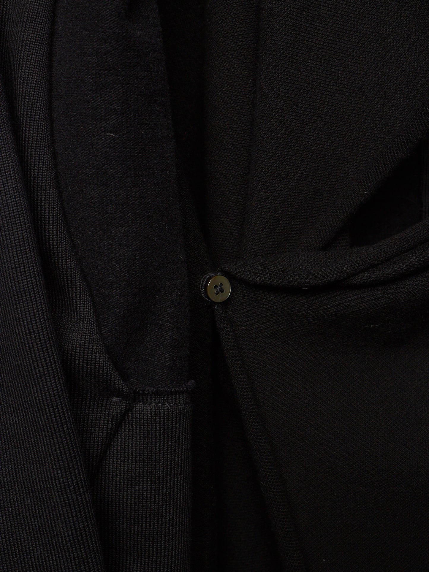 Close-up detail of a black knit garment with a small round button closure.