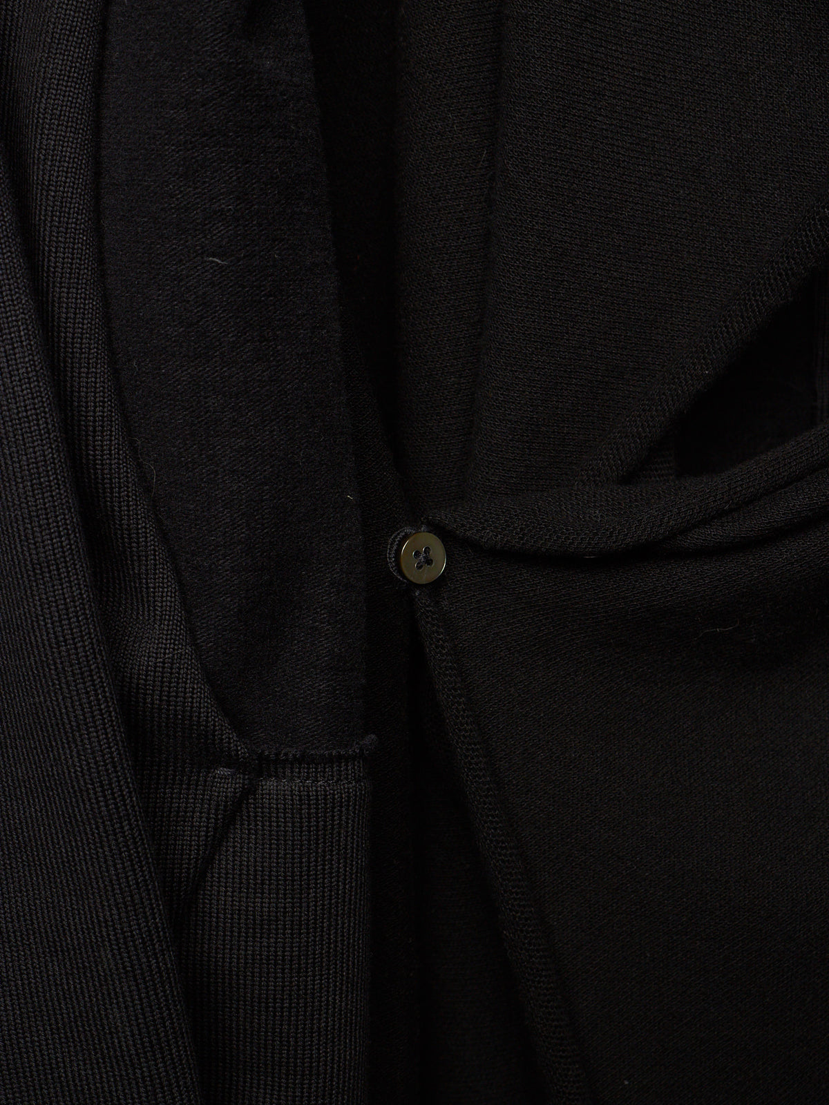 Close-up detail of a black knit garment with a small round button closure.