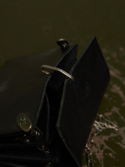A close-up of a black leather wallet or clutch with a silver-tone metal ring detail and chain, set against a dark olive green background.