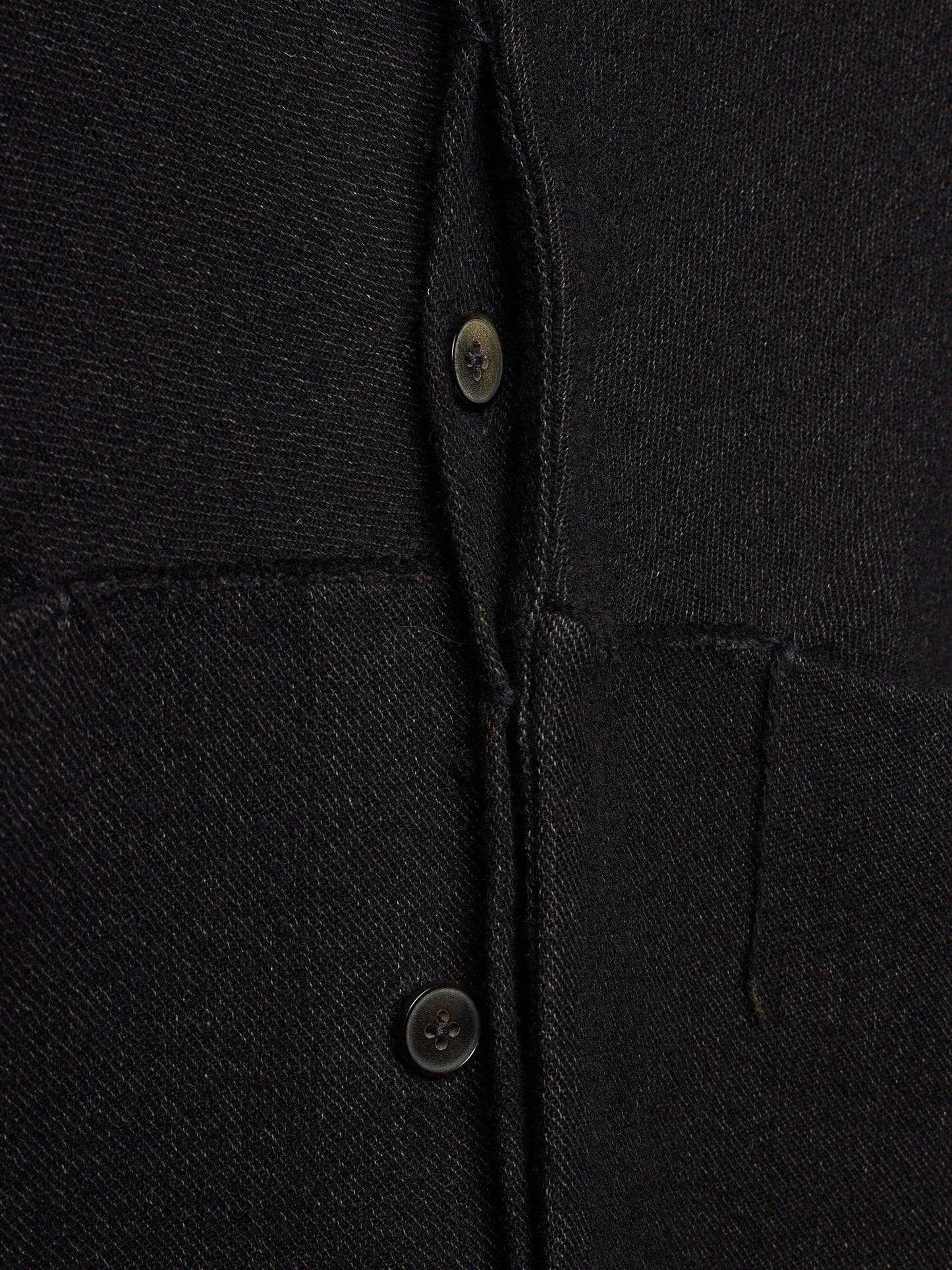 Close-up of a black textured fabric garment showing the button placket and pocket stitching.