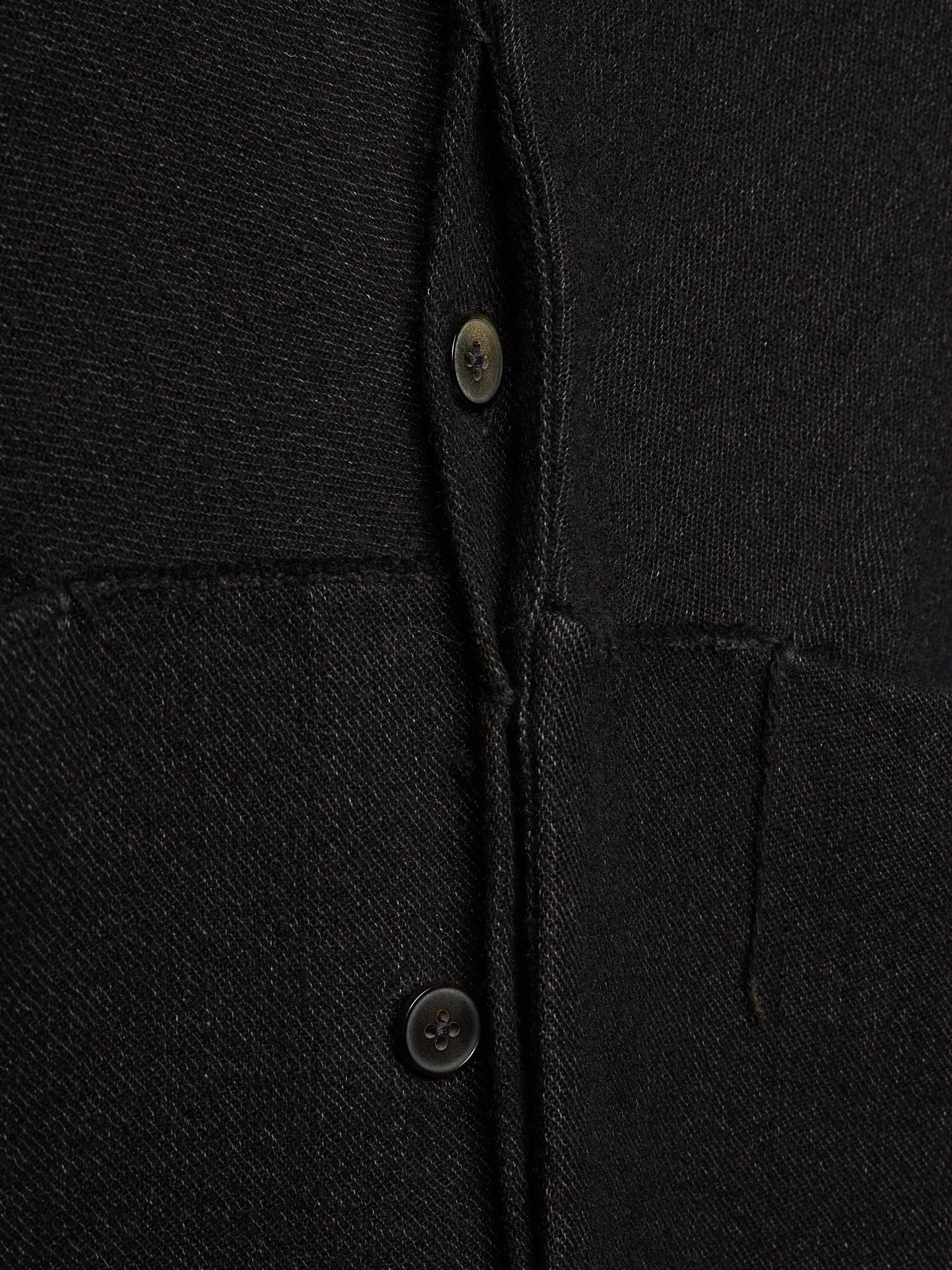 Close-up of a black textured fabric garment showing the button placket and pocket stitching.