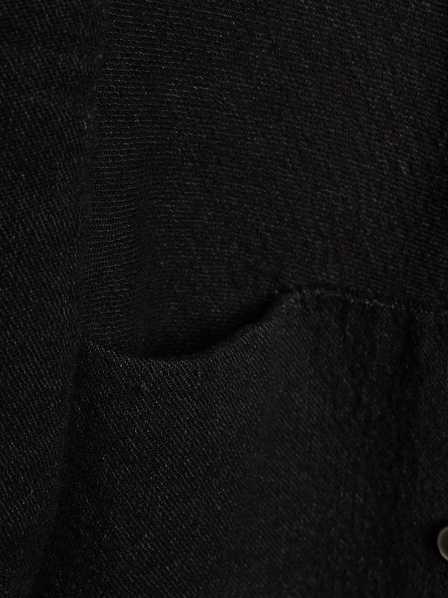 Close-up detail of a black textured fabric garment, showing a pocket opening and a small metallic button.