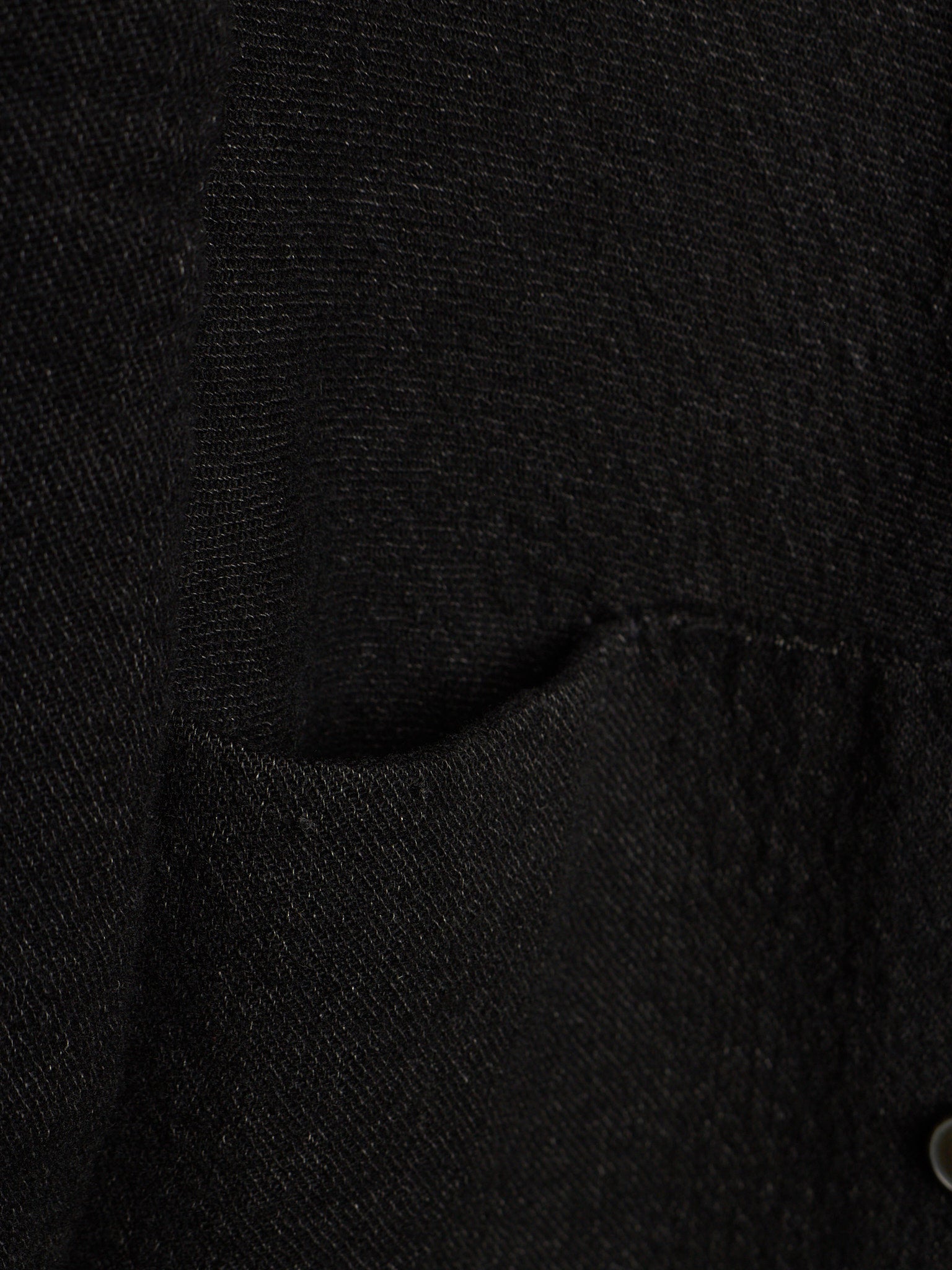 Close-up detail of a black textured fabric garment, showing a pocket opening and a small metallic button.