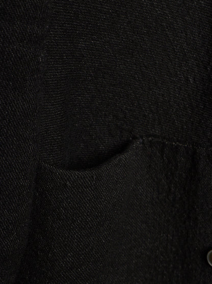 Close-up detail of a black textured fabric garment, showing a pocket opening and a small metallic button.