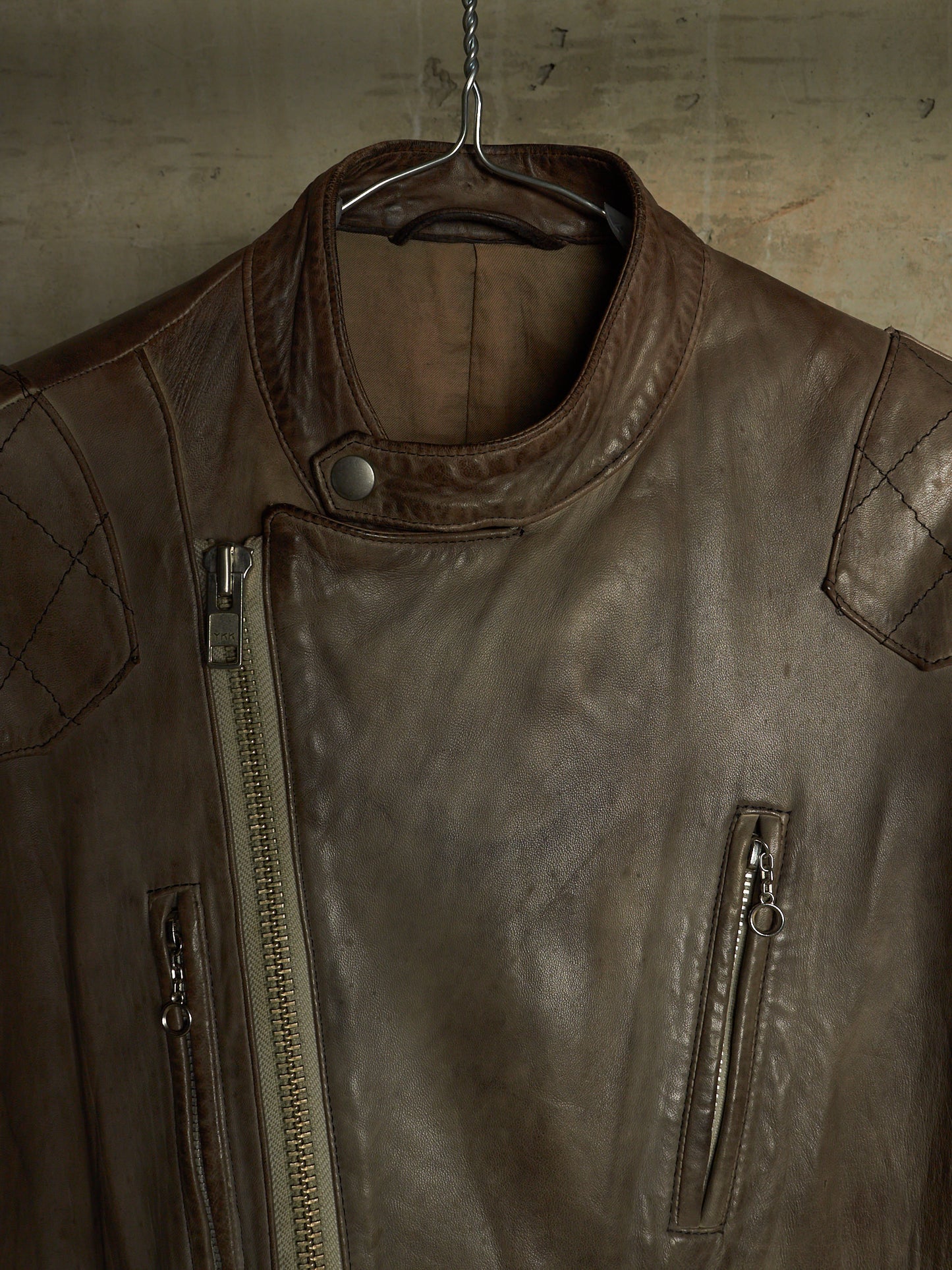 MiharaYasuhiro AW02 Garment-dyed Asymmetrical Zip Sheepskin Leather Rider Jacket