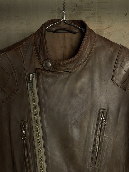 MiharaYasuhiro AW02 Garment-dyed Asymmetrical Zip Sheepskin Leather Rider Jacket