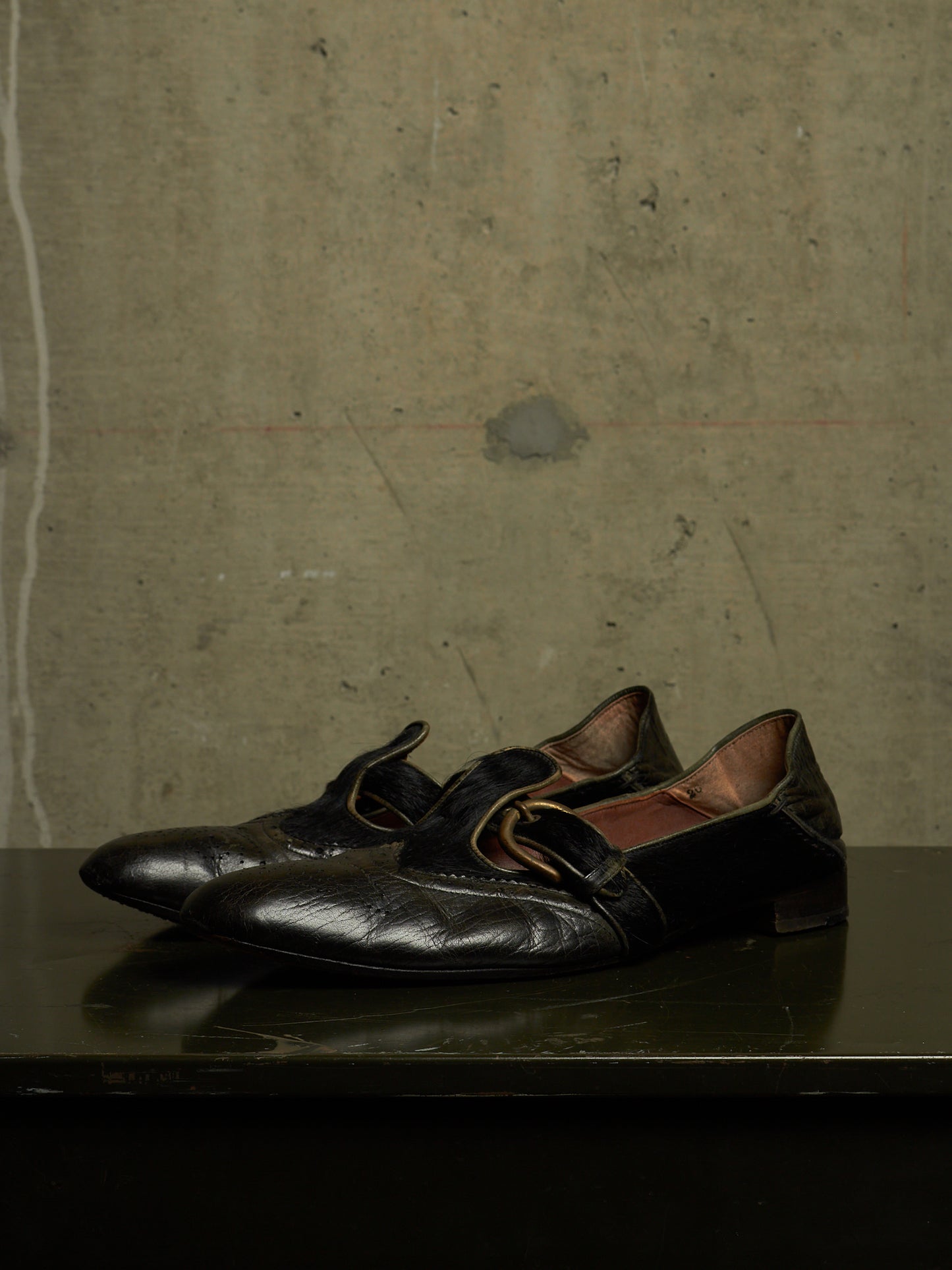 MiharaYasuhiro SS06 Black Pony Hair Calfskin Leather Brogue Slip-on Derbies