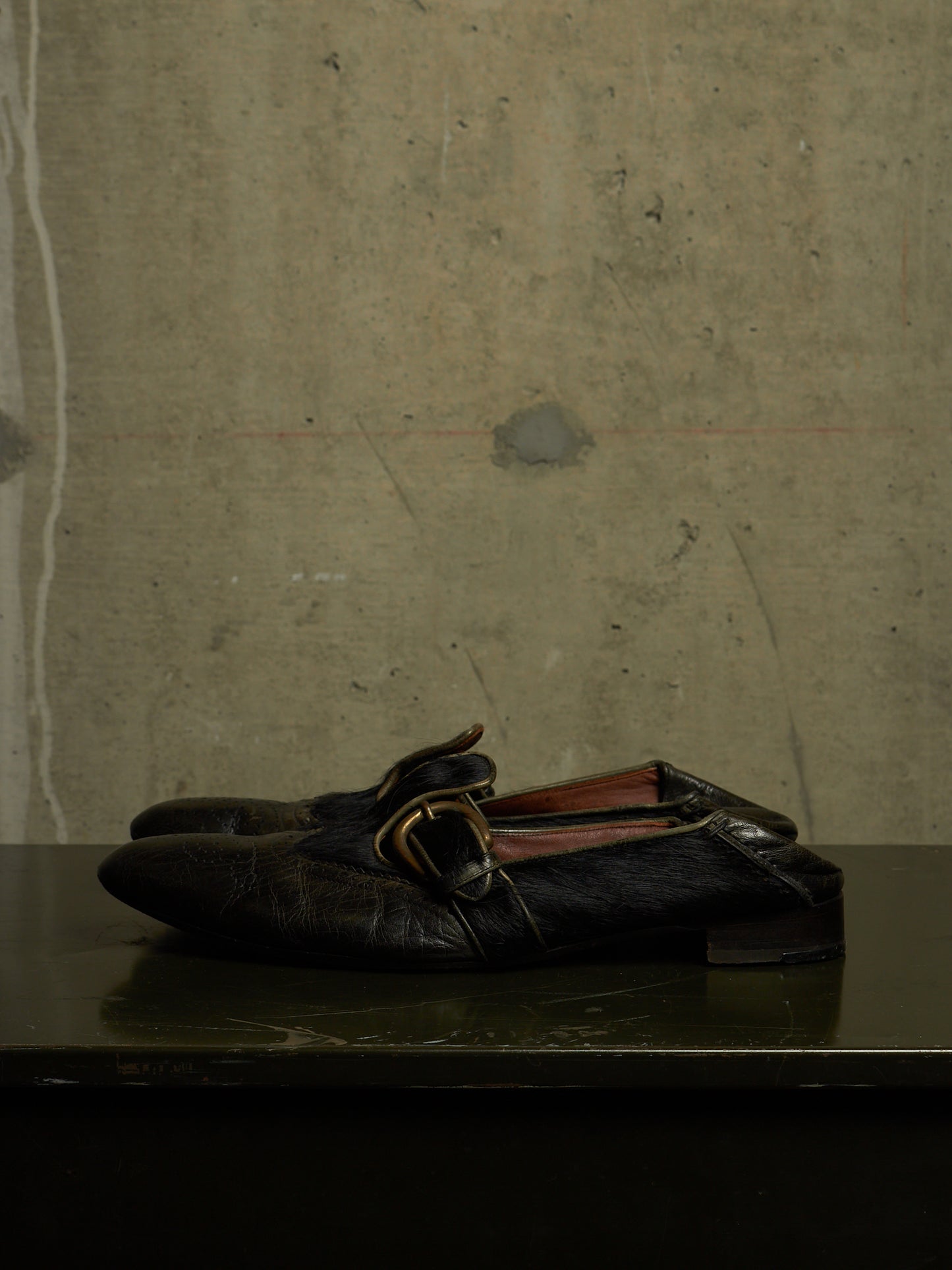 MiharaYasuhiro SS06 Black Pony Hair Calfskin Leather Brogue Slip-on Derbies