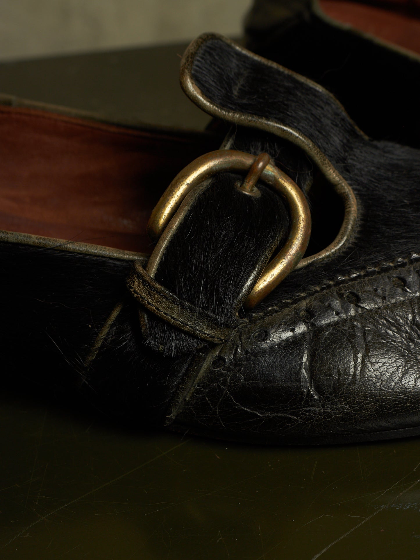 MiharaYasuhiro SS06 Black Pony Hair Calfskin Leather Brogue Slip-on Derbies