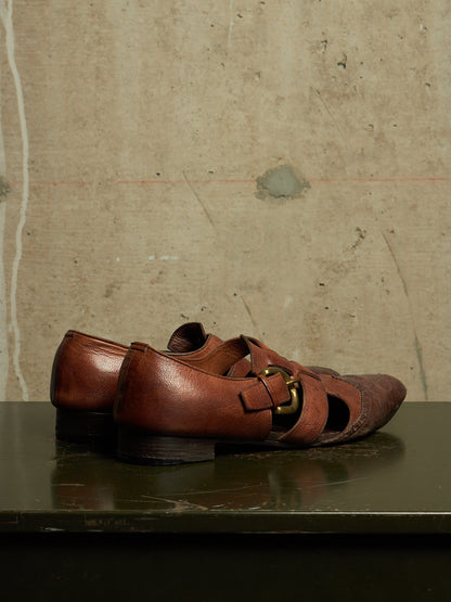MiharaYasuhiro 00s Brown Goat Leather Brogue Buckle Cut-out Derbies