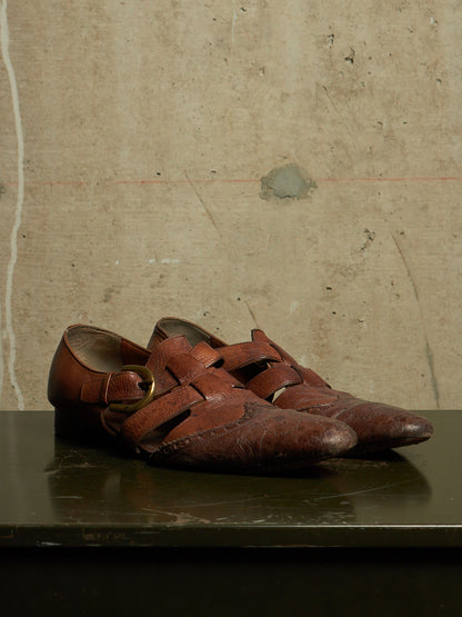 MiharaYasuhiro 00s Brown Goat Leather Brogue Buckle Cut-out Derbies