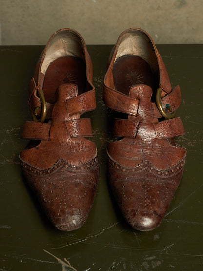 MiharaYasuhiro 00s Brown Goat Leather Brogue Buckle Cut-out Derbies
