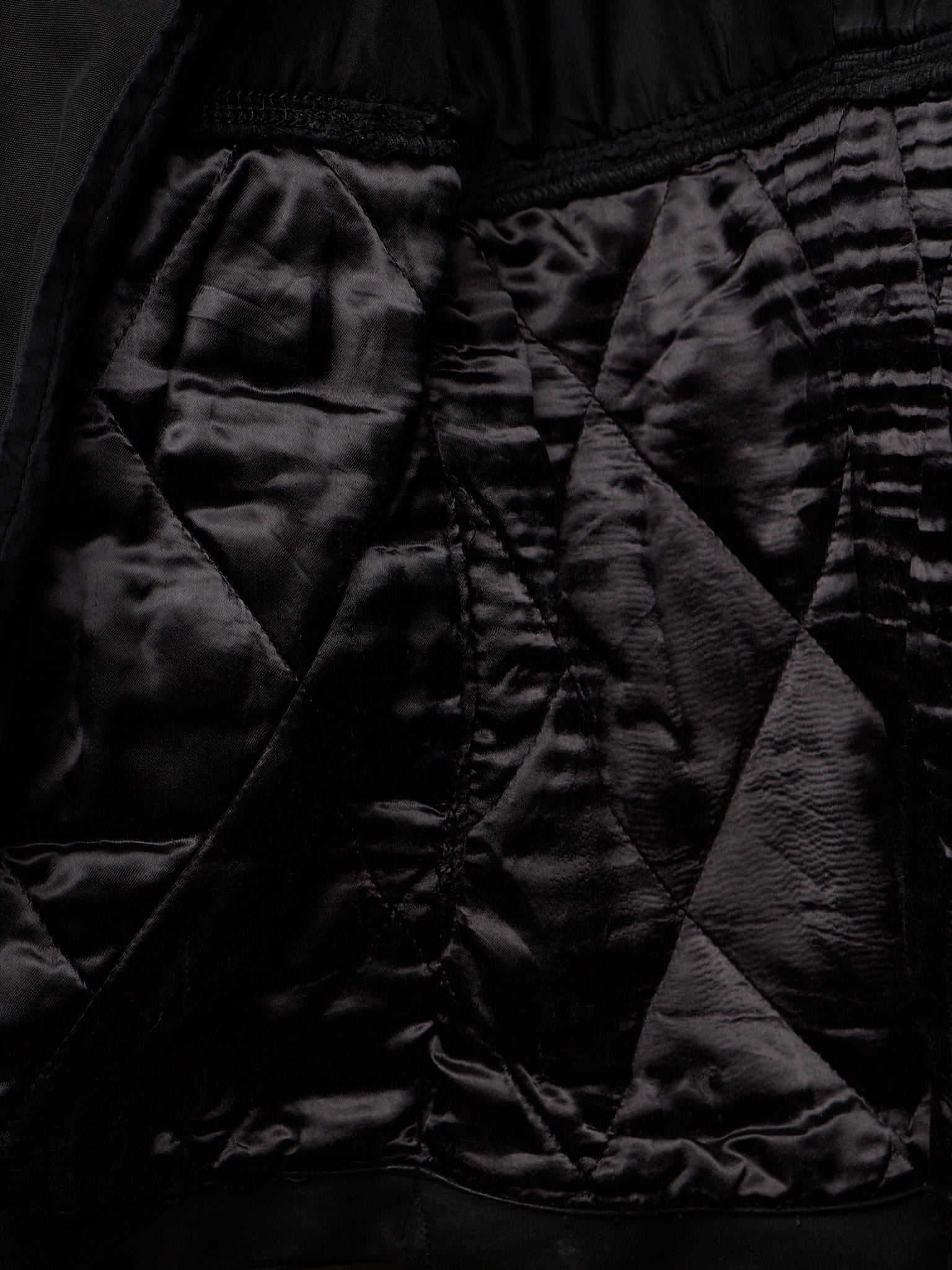 Close-up of a black quilted jacket or puffer fabric with a glossy satin-like finish and stitched paneling.