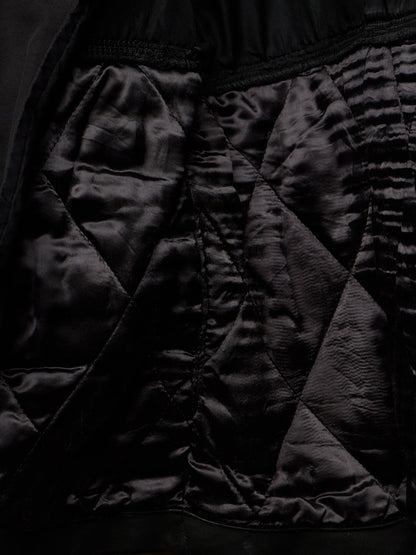 Close-up of a black quilted jacket or puffer fabric with a glossy satin-like finish and stitched paneling.