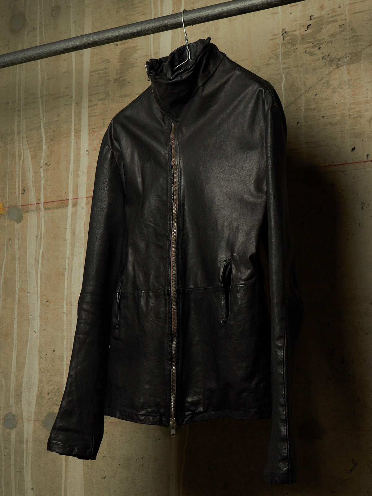 OBSCUR AW12 Black High Neck Overlock Lambskin Leather Jacket