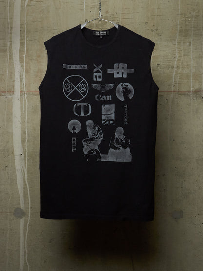 A black sleeveless tank top hanging on a wire hanger against a textured concrete wall. The shirt features a large, distressed gray graphic print on the front with various band logos and text, including 'Cult', 'Can', 'Sex', and 'Bitch'.