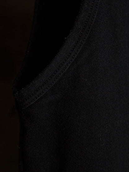 Close-up detail of a black ribbed knit garment, showing the texture and stitching of the collar or sleeve edge.
