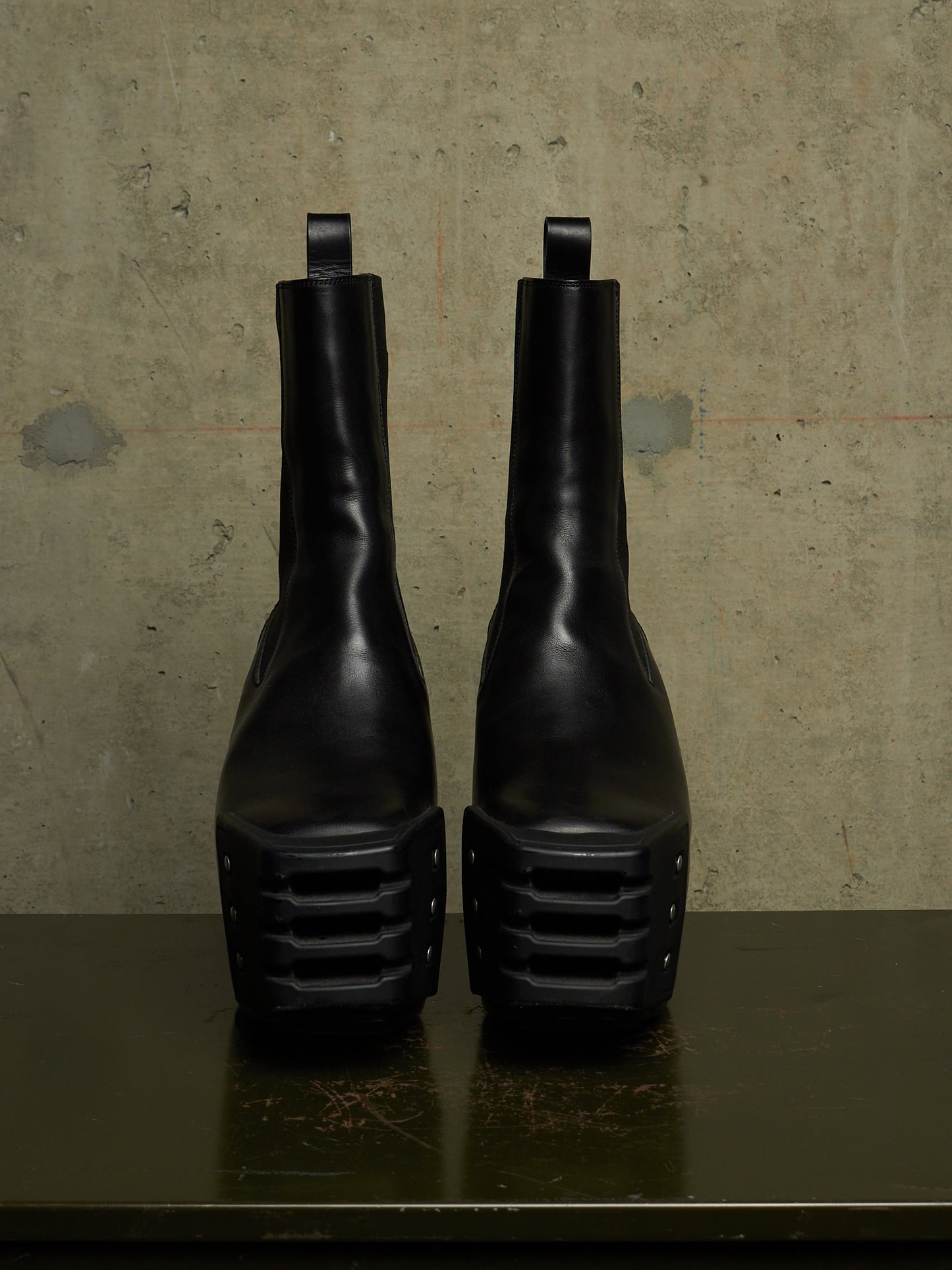 Rick Owens AW22 "STROBE" Black Calf Leather Grilled Platform Kiss Heel Boots