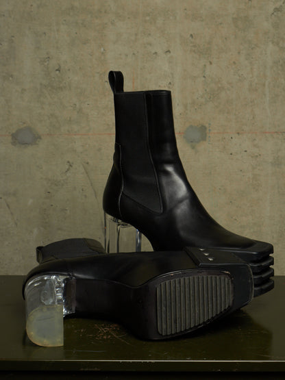 Rick Owens AW22 "STROBE" Black Calf Leather Grilled Platform Kiss Heel Boots