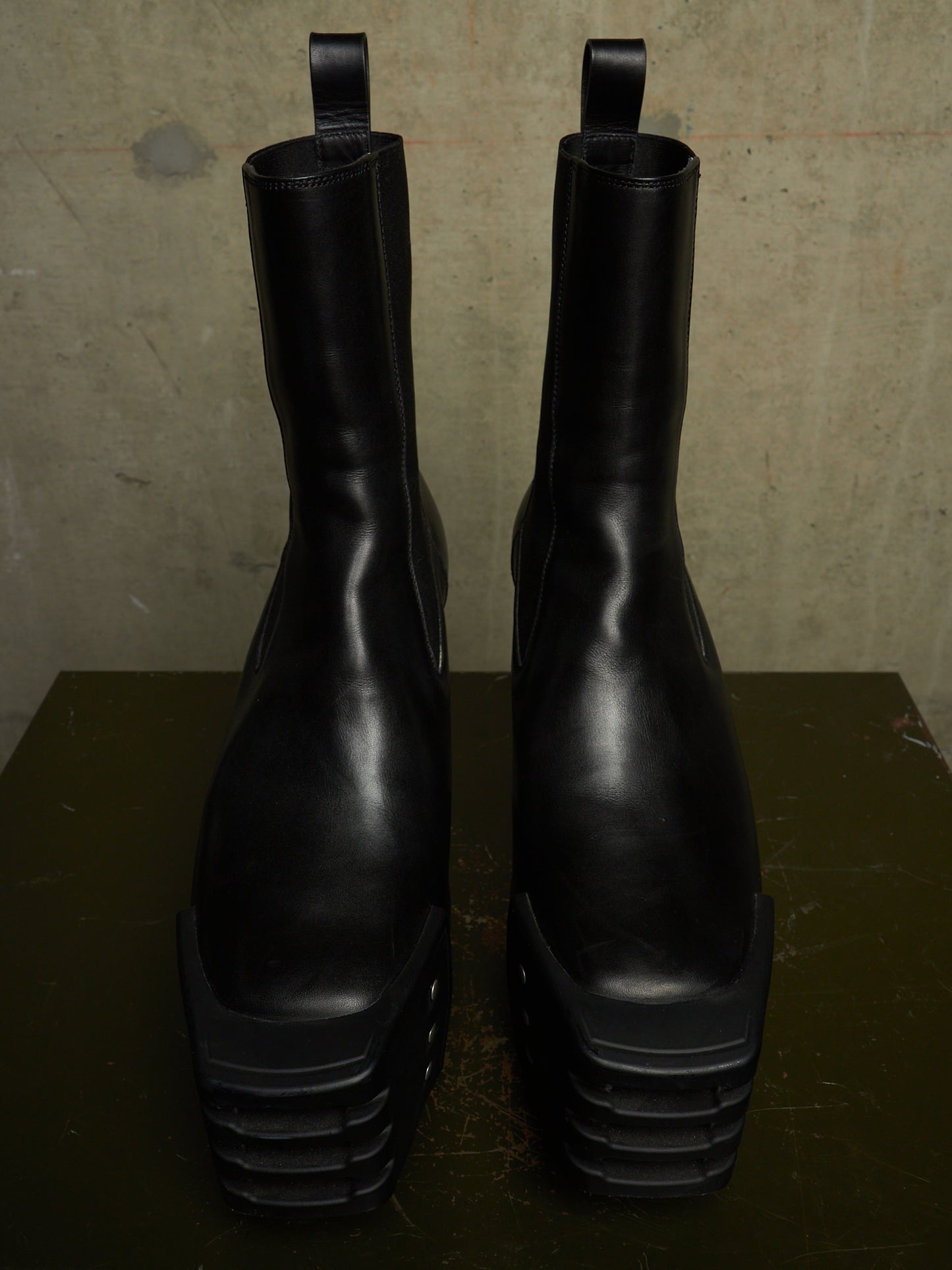 Rick Owens AW22 "STROBE" Black Calf Leather Grilled Platform Kiss Heel Boots