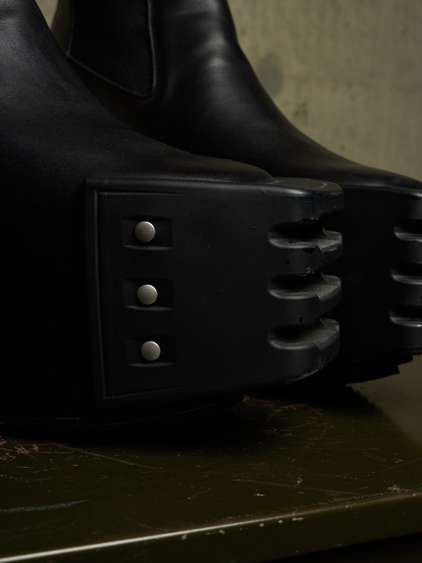 Rick Owens AW22 "STROBE" Black Calf Leather Grilled Platform Kiss Heel Boots