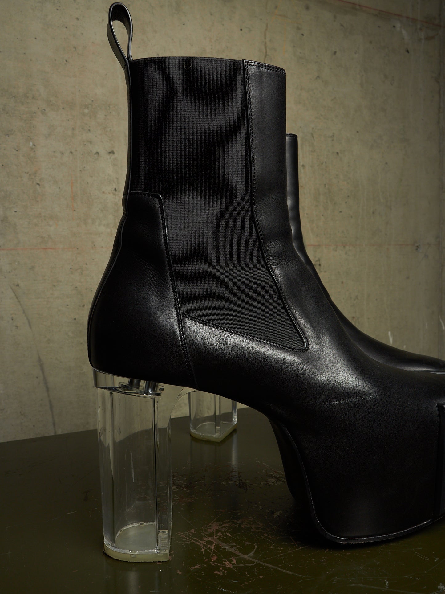 Rick Owens AW22 "STROBE" Black Calf Leather Grilled Platform Kiss Heel Boots