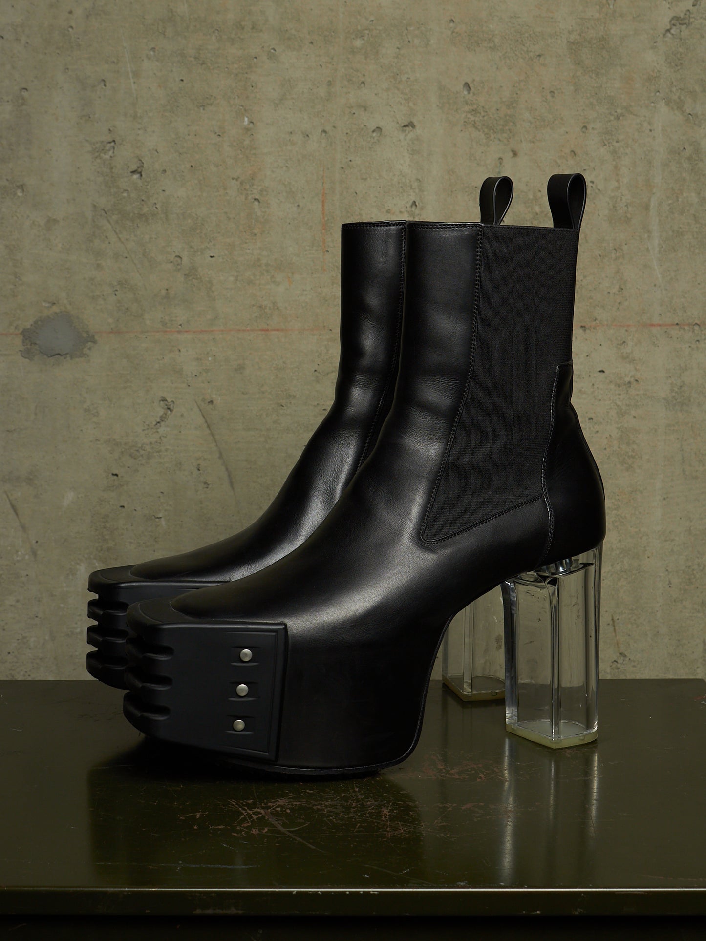 Rick Owens AW22 "STROBE" Black Calf Leather Grilled Platform Kiss Heel Boots