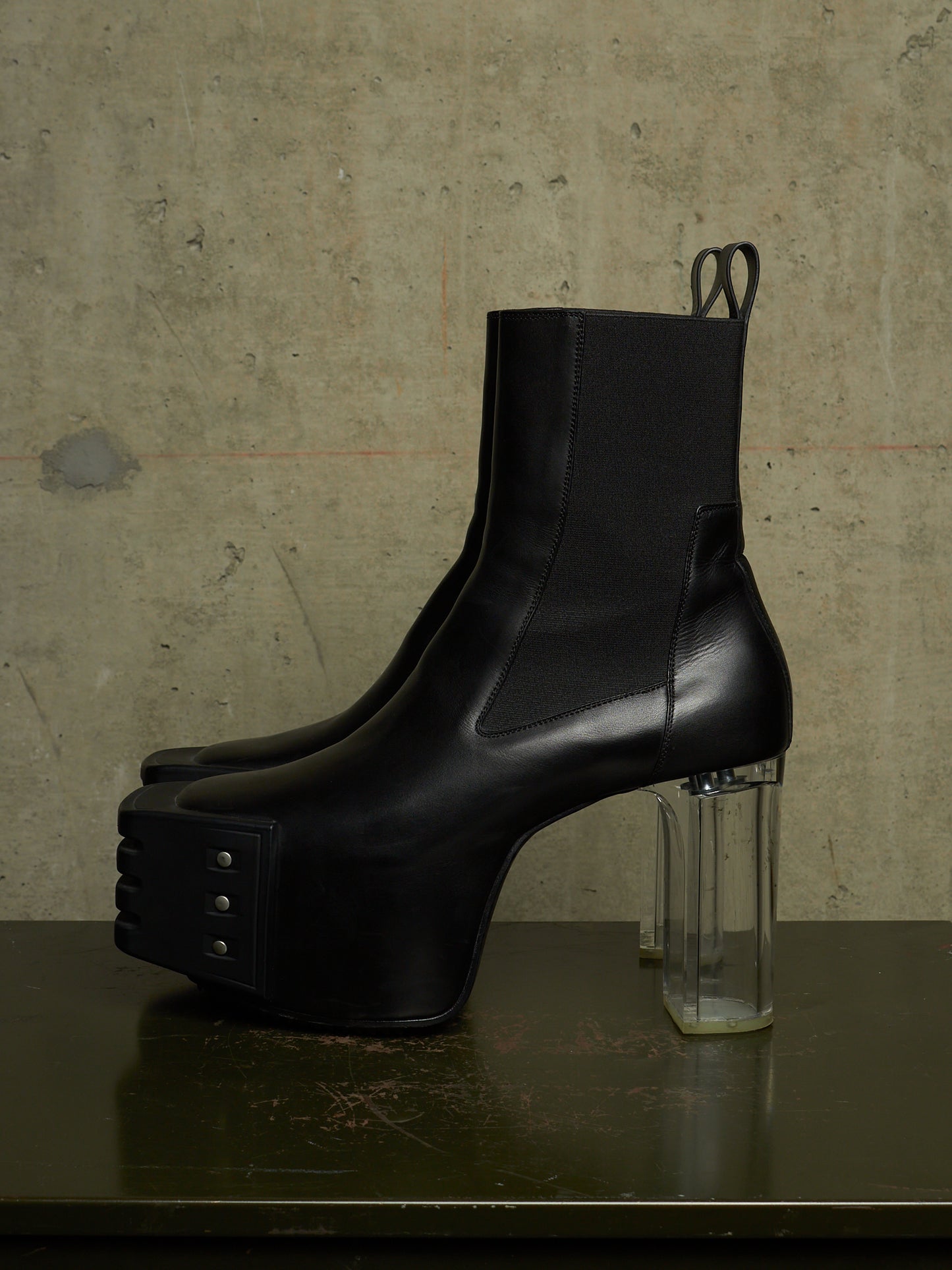 Rick Owens AW22 "STROBE" Black Calf Leather Grilled Platform Kiss Heel Boots