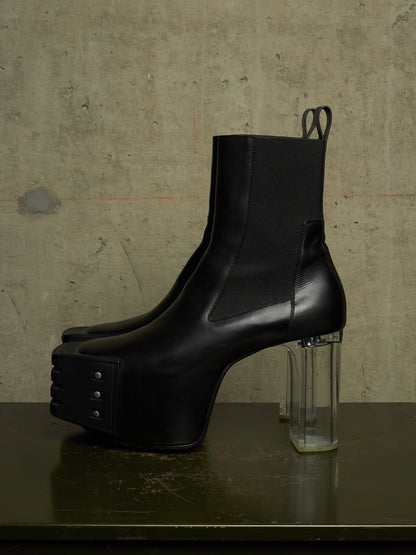 Rick Owens AW22 "STROBE" Black Calf Leather Grilled Platform Kiss Heel Boots