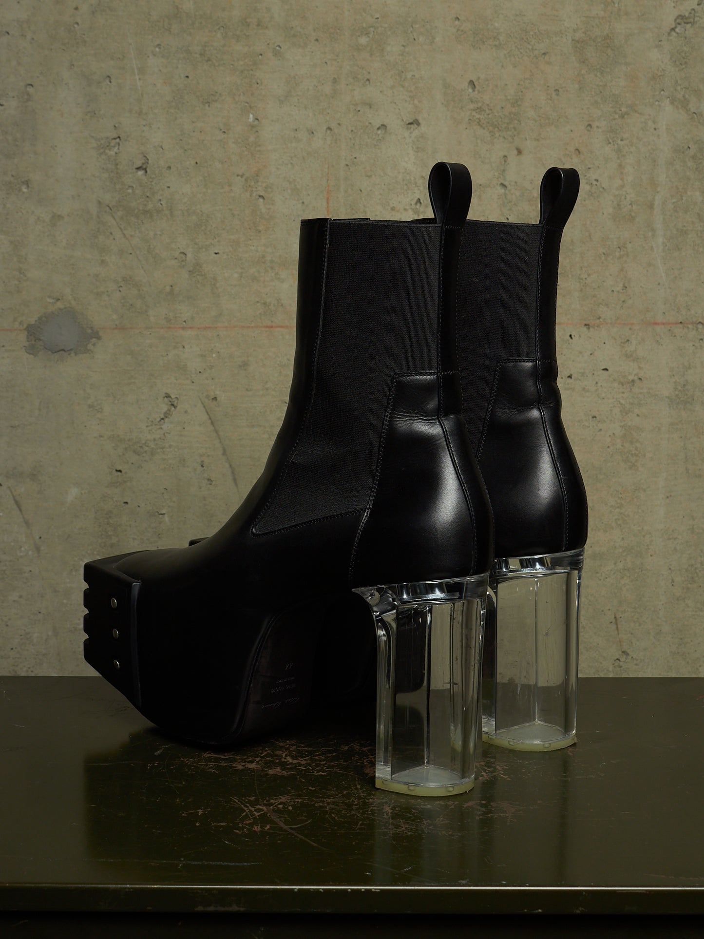 Rick Owens AW22 "STROBE" Black Calf Leather Grilled Platform Kiss Heel Boots