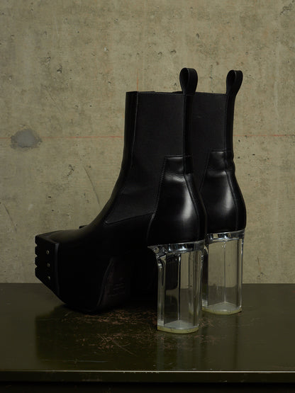 Rick Owens AW22 "STROBE" Black Calf Leather Grilled Platform Kiss Heel Boots