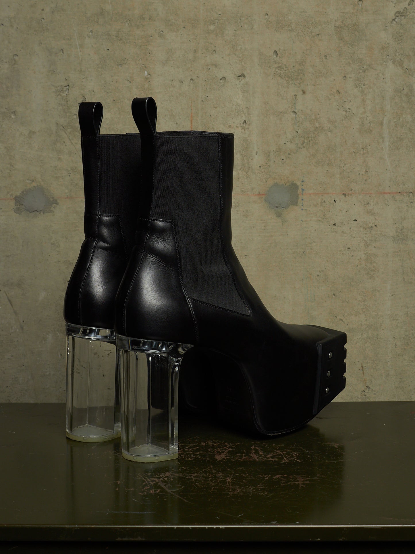 Rick Owens AW22 "STROBE" Black Calf Leather Grilled Platform Kiss Heel Boots