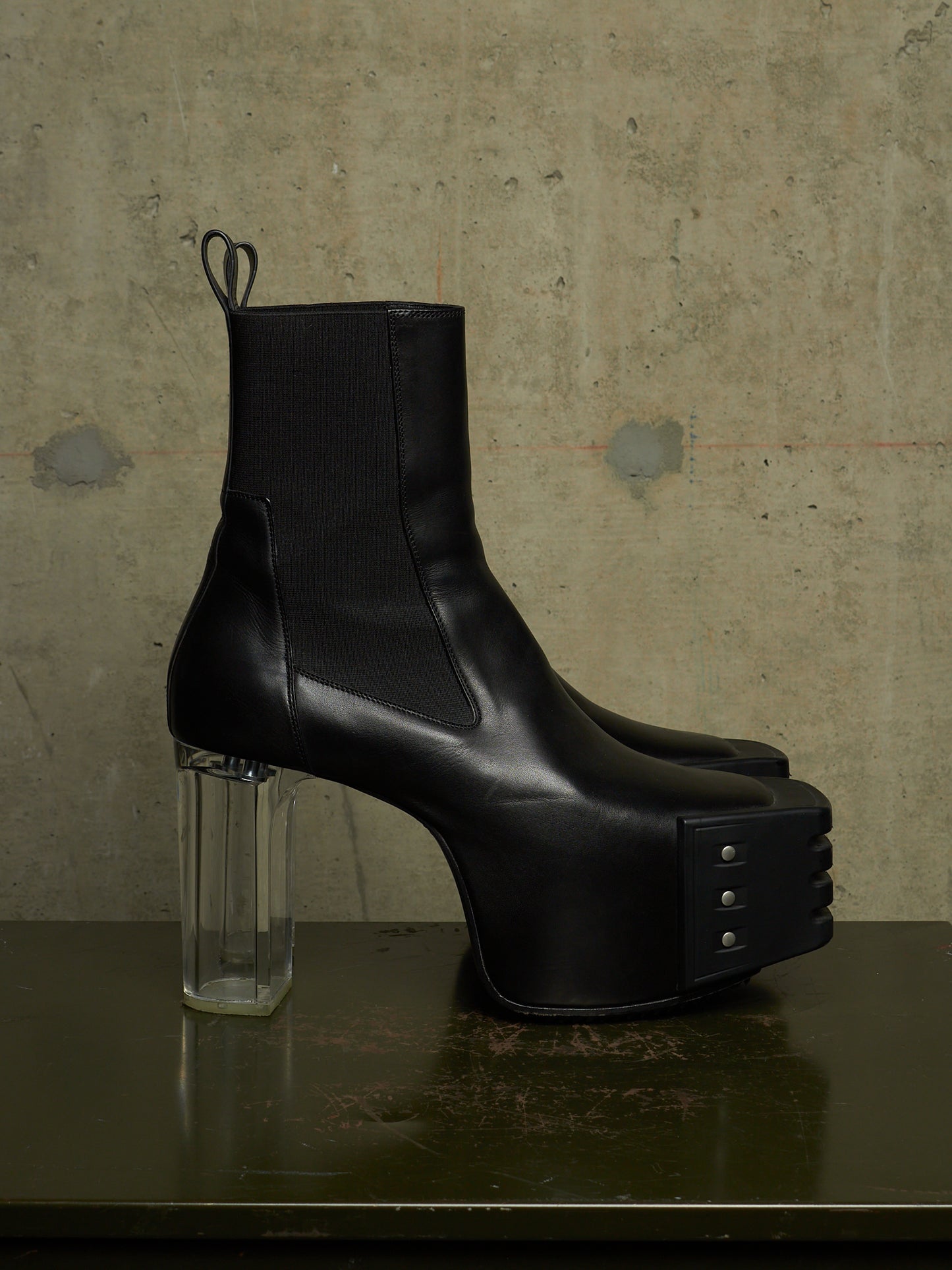 Rick Owens AW22 "STROBE" Black Calf Leather Grilled Platform Kiss Heel Boots
