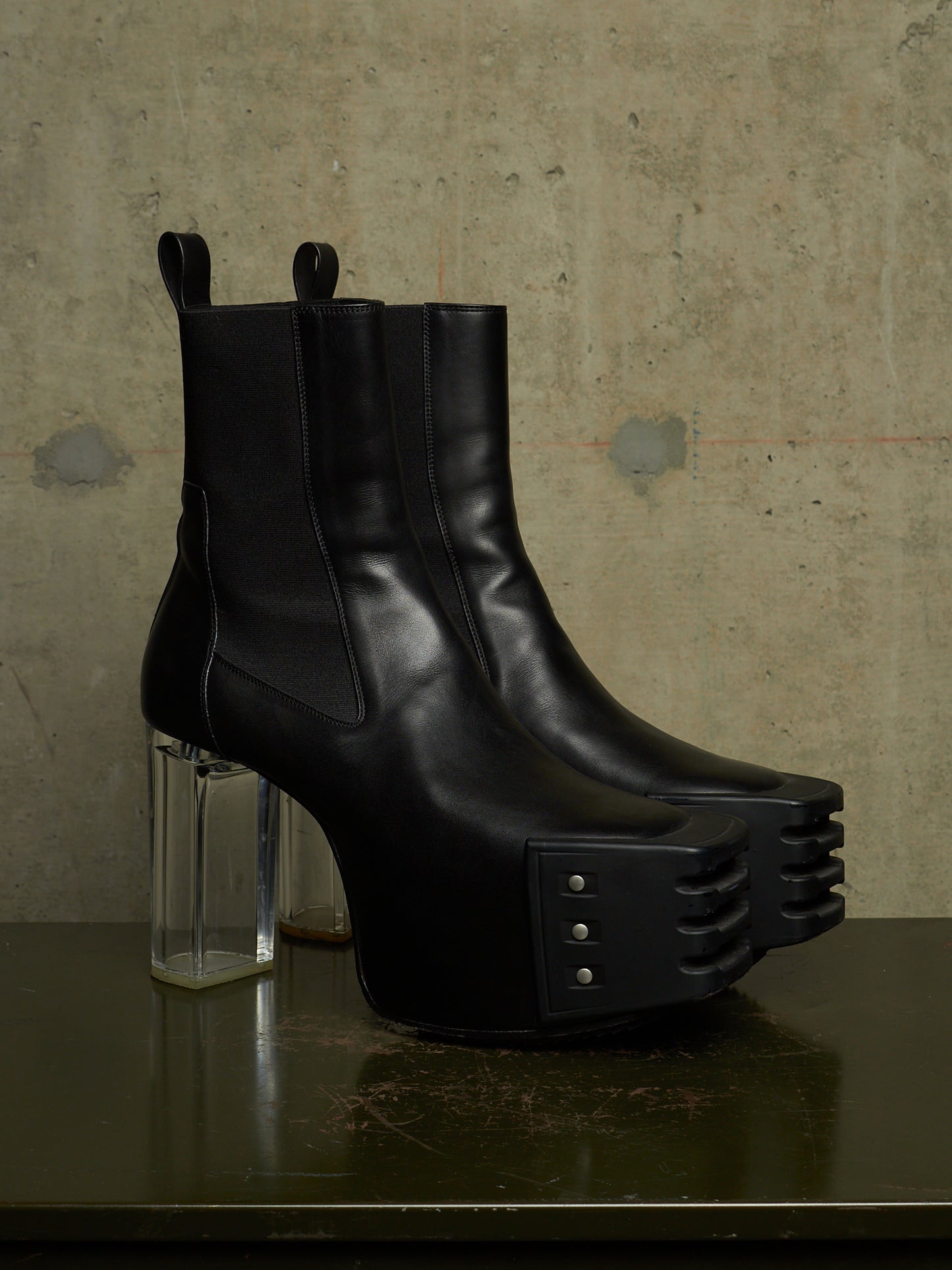 Rick Owens AW22 "STROBE" Black Calf Leather Grilled Platform Kiss Heel Boots