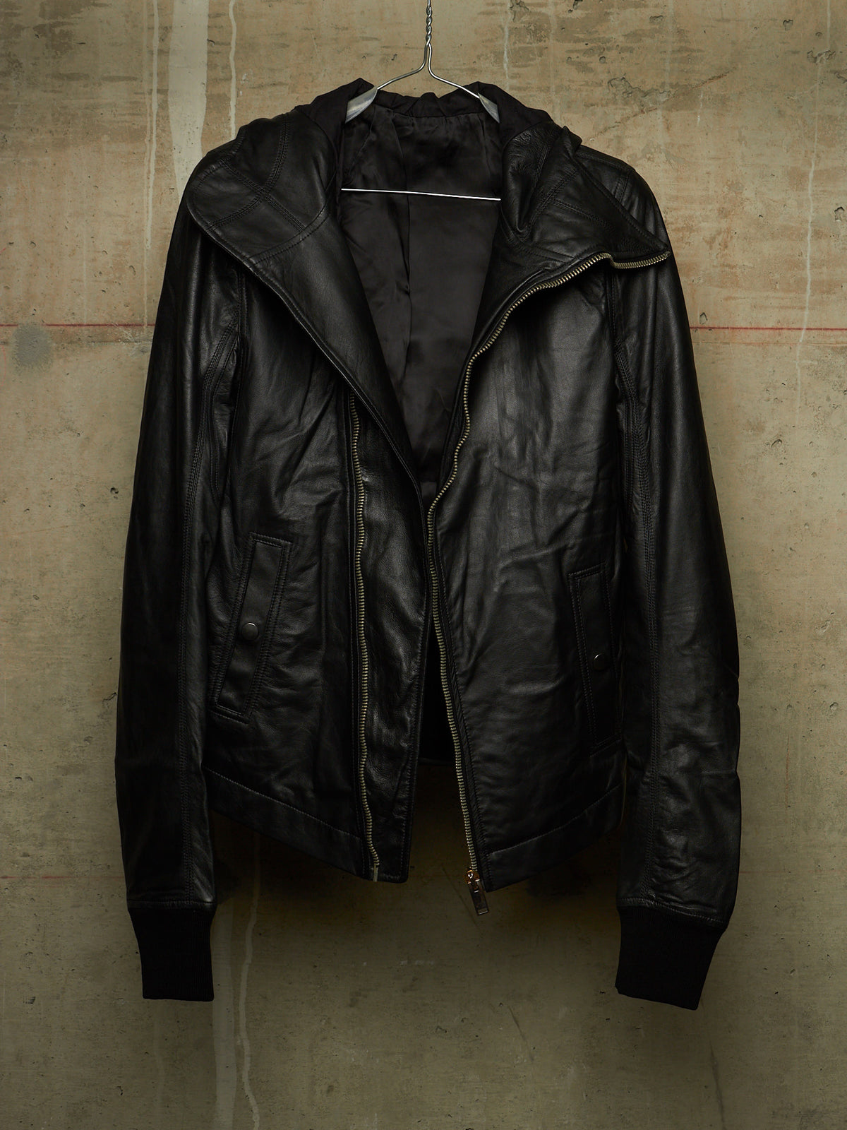 Rick Owens AW13 "PLINTH" BLACK Hooded Scuba Bullet Lamb Leather Jacket