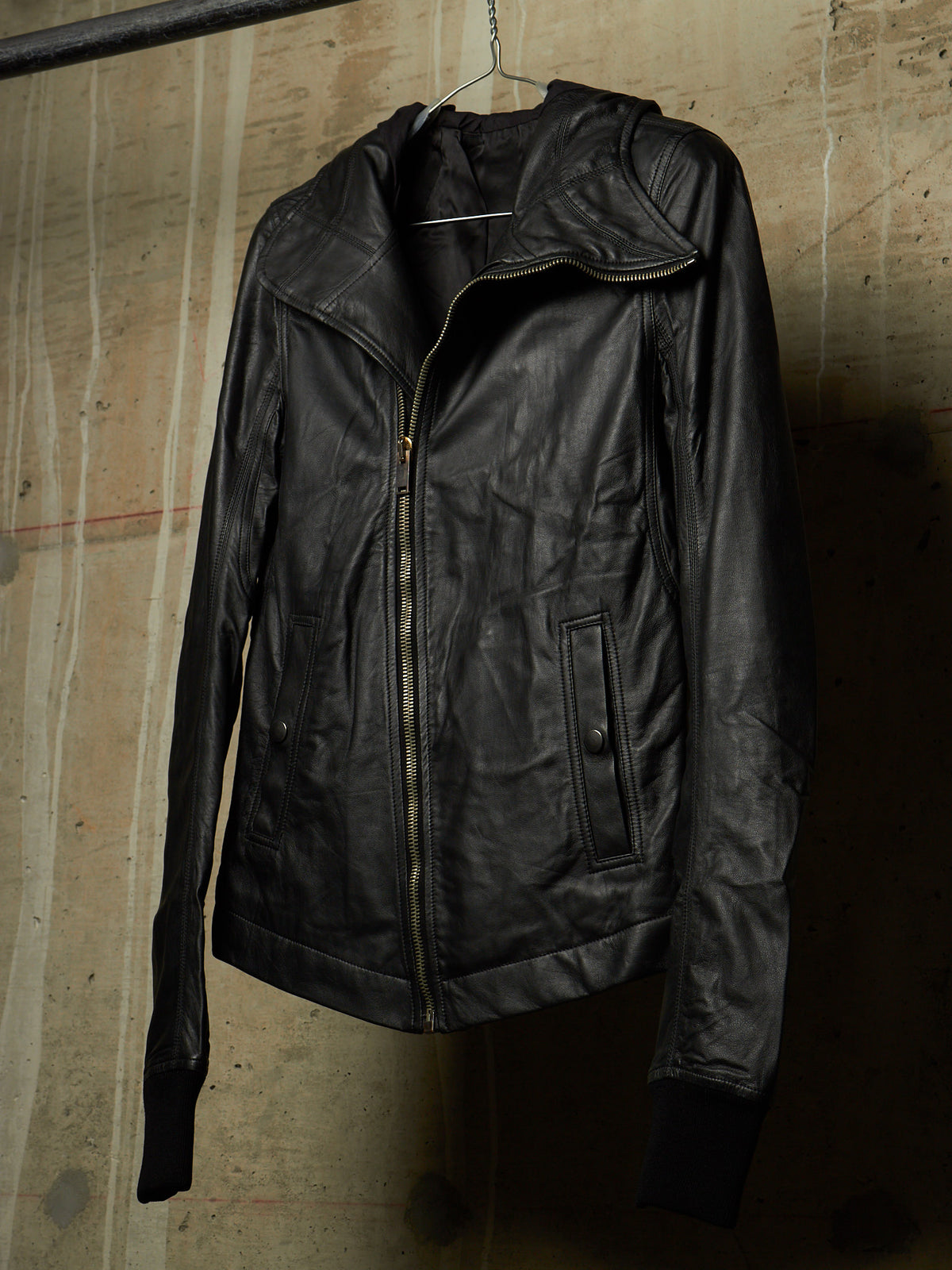 Rick Owens AW13 "PLINTH" BLACK Hooded Scuba Bullet Lamb Leather Jacket