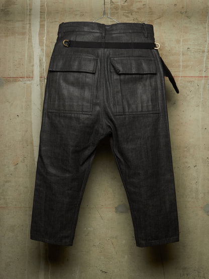 Rick Owens AW17 "GLITTER" Black Cropped Cargo Belt Coated Denim