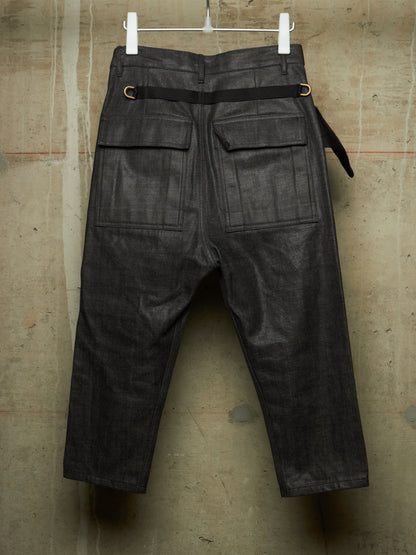 Rick Owens AW17 "GLITTER" Black Cropped Cargo Belt Coated Denim