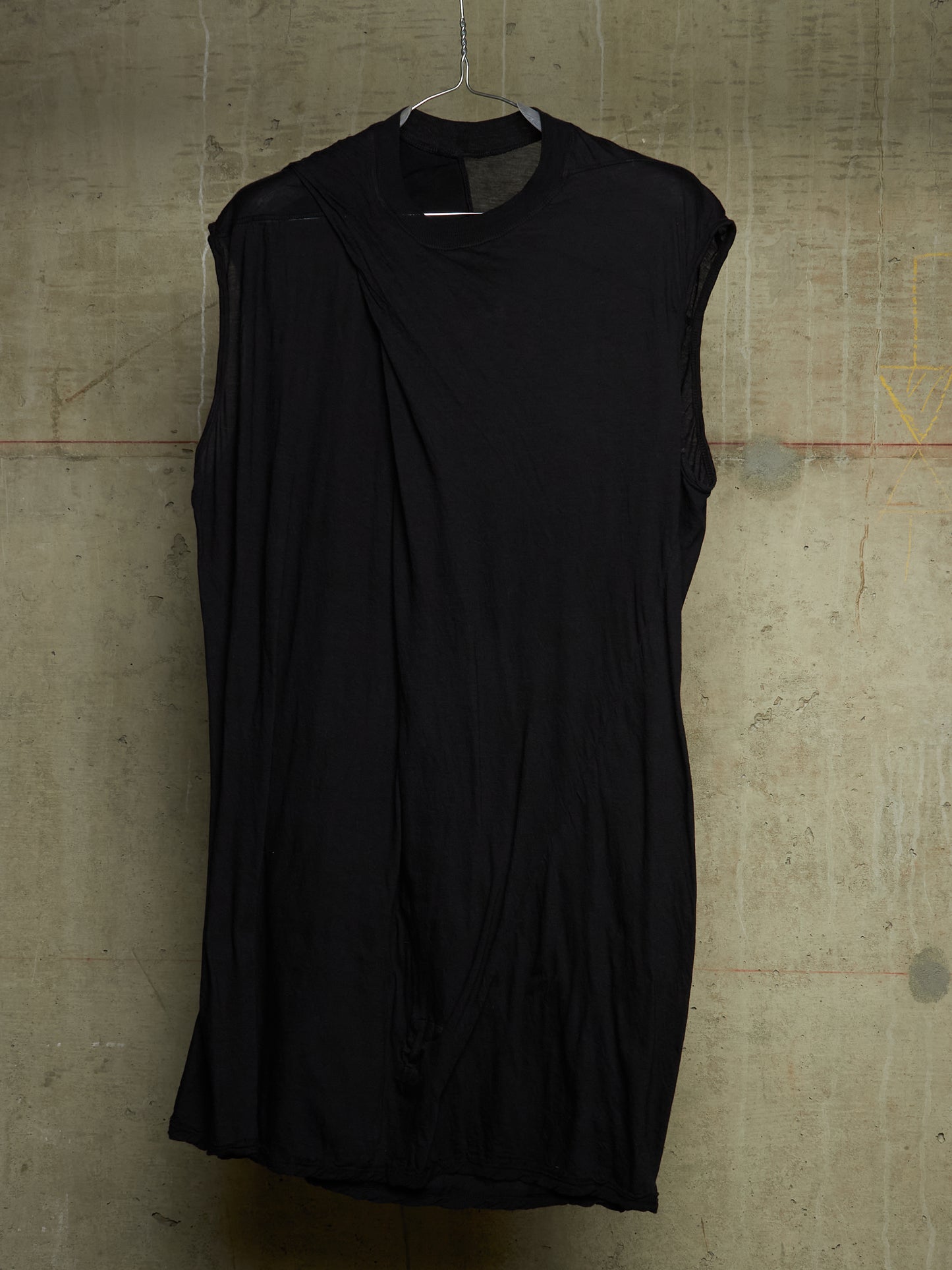 Rick Owens DRKSHDW 2010s Black Semi Sheer Asymmetric Drape Longline Tarp Tank Top