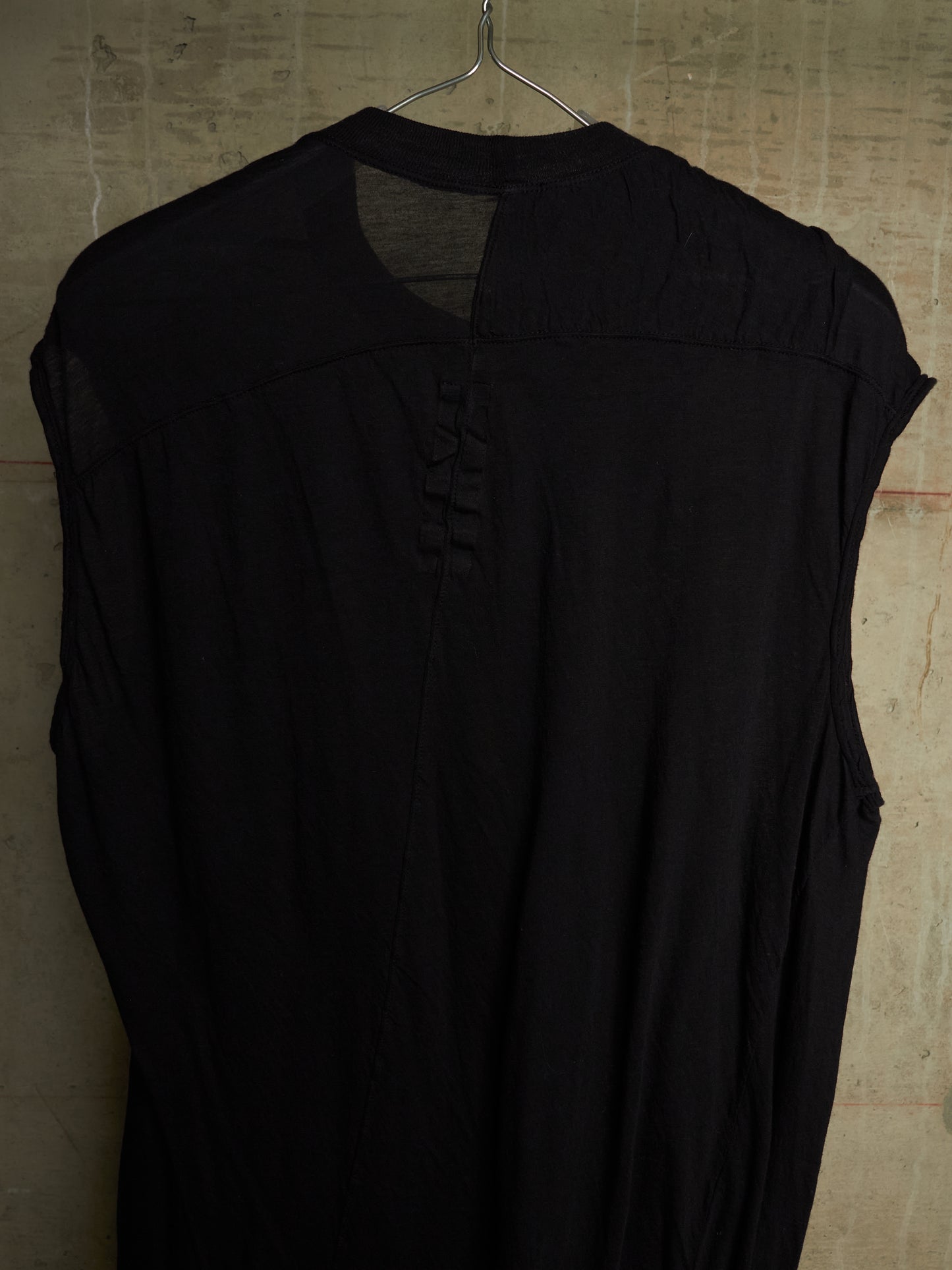 Rick Owens DRKSHDW 2010s Black Semi Sheer Asymmetric Drape Longline Tarp Tank Top