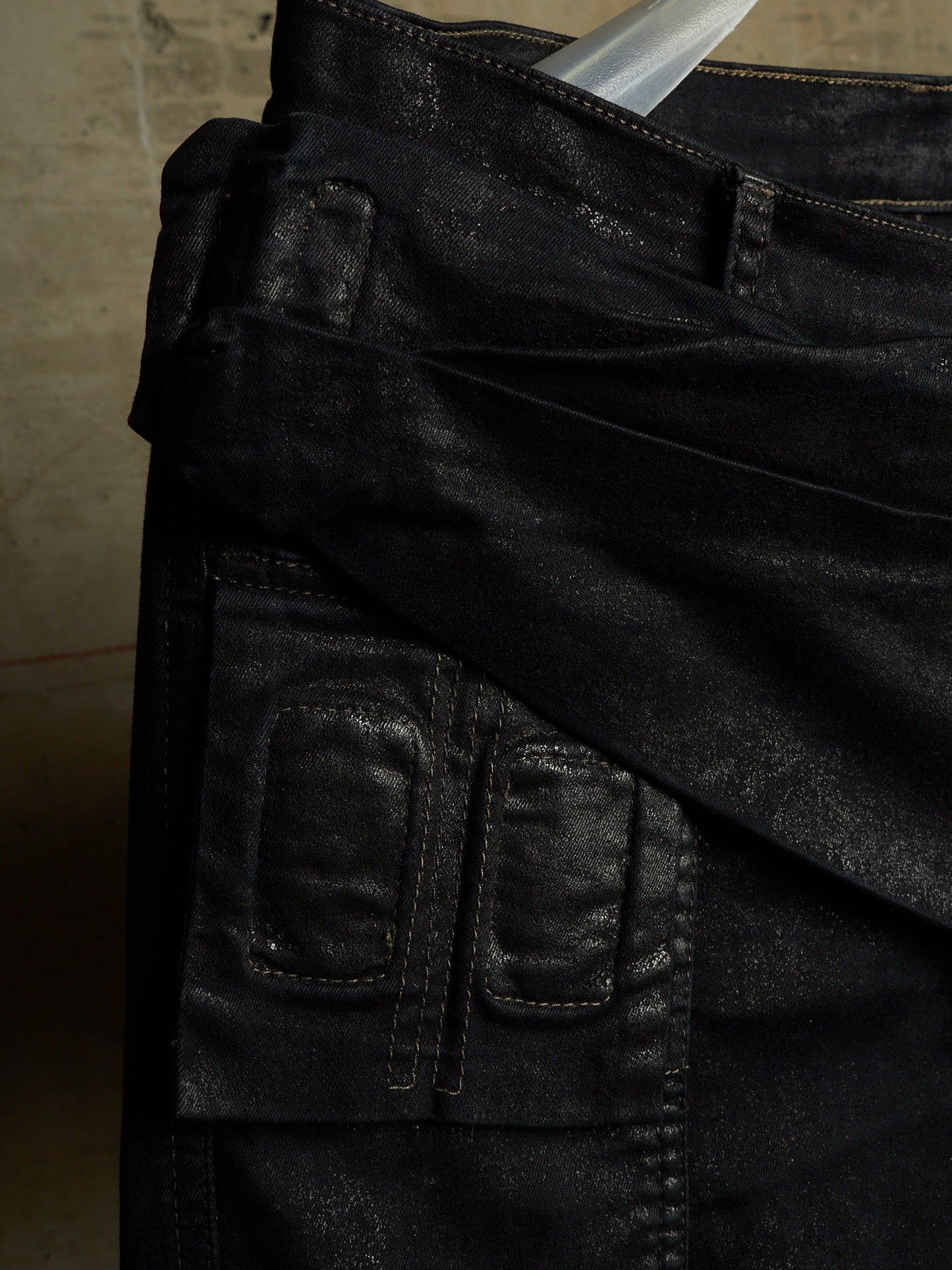 Rick Owens DRKSHDW SS15 "FAUN" Black Scrub Waxed 'Memphis Cut' Stretch Denim