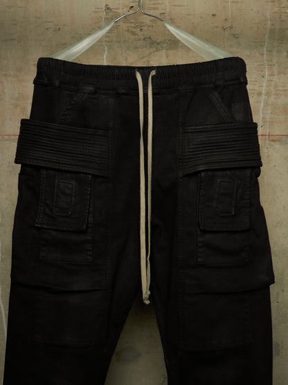 Rick Owens DRKSHDW SS24 "LIDO" BLACK Drop-crotch Waxed Creatch Cropped Cargo Denim